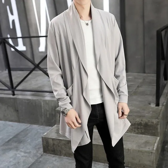 2019 New Men's Autumn Long Cardigan Coat Male Long Sleeve Slim Fit Black Gray Cardigans Draped Collar Casual Cardigan Jackets