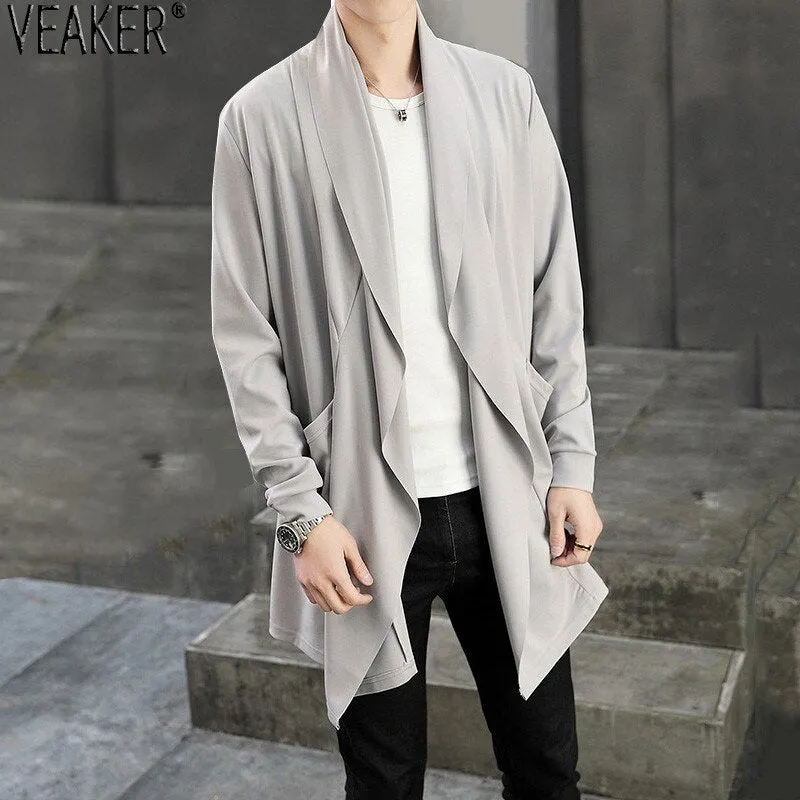 2019 New Men's Autumn Long Cardigan Coat Male Long Sleeve Slim Fit Black Gray Cardigans Draped Collar Casual Cardigan Jackets