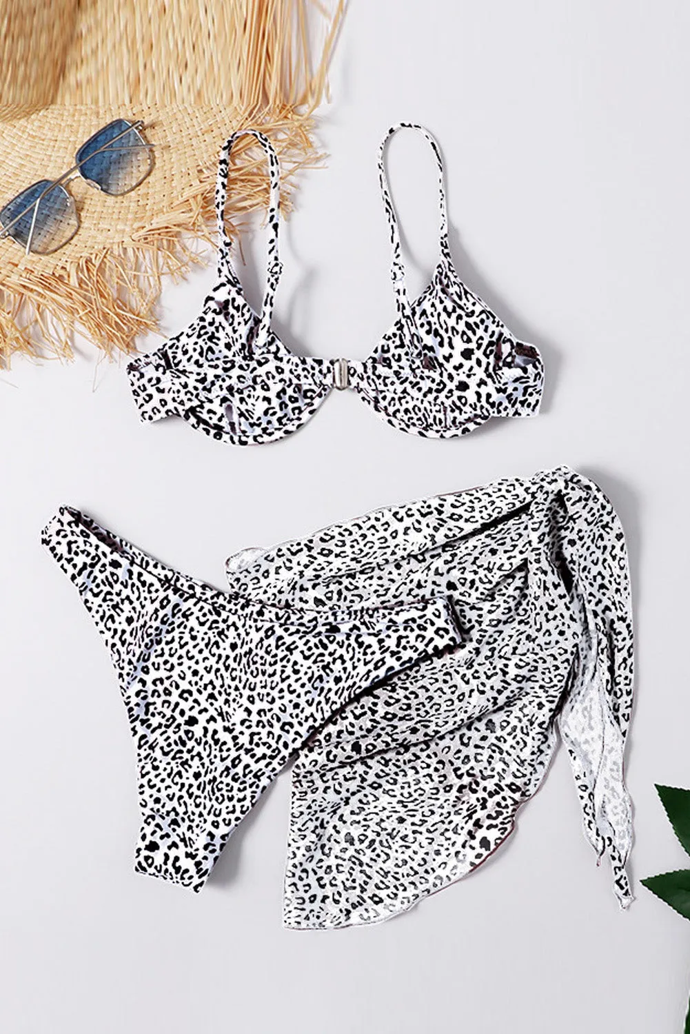 3pcs Leopard Bikini & Sarong Swim Set