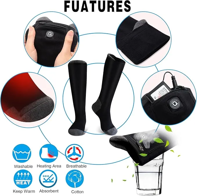 7.4V Heated Socks,Rechargeable Electric Heated Socks Camping Foot Warmer Winter Warm Socks for Men Women-Battery Heat Thick Cotton Thermal Hot Heat Sock for Outdoor Cycling Skiing Hiking,3Heat