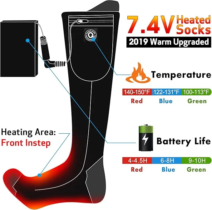 7.4V Heated Socks,Rechargeable Electric Heated Socks Camping Foot Warmer Winter Warm Socks for Men Women-Battery Heat Thick Cotton Thermal Hot Heat Sock for Outdoor Cycling Skiing Hiking,3Heat
