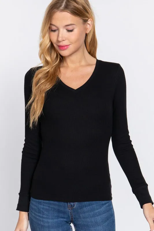 Active Basic Long Sleeve V-Neck Thermal Knit Top