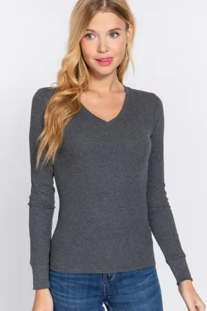 Active Basic Long Sleeve V-Neck Thermal Knit Top