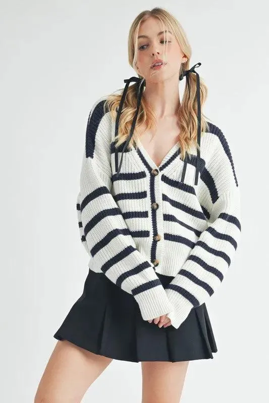 Aemi   Co Striped V-Neck Button Down Cardigan