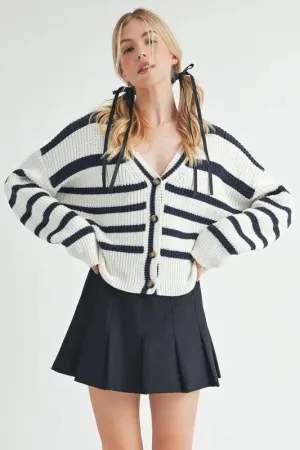 Aemi   Co Striped V-Neck Button Down Cardigan