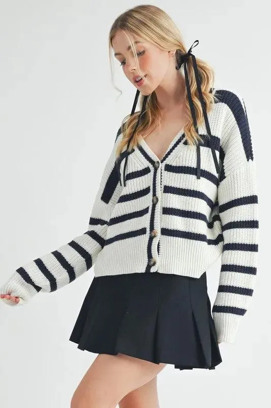 Aemi   Co Striped V-Neck Button Down Cardigan