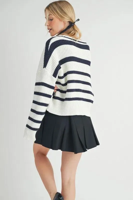 Aemi   Co Striped V-Neck Button Down Cardigan
