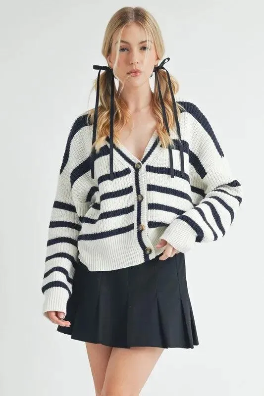 Aemi   Co Striped V-Neck Button Down Cardigan