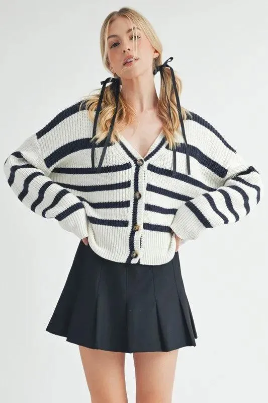 Aemi   Co Striped V-Neck Button Down Cardigan