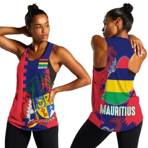 Afro Mauritius Women Racerback Tank Map Design with Flag Coat of Arms TS04