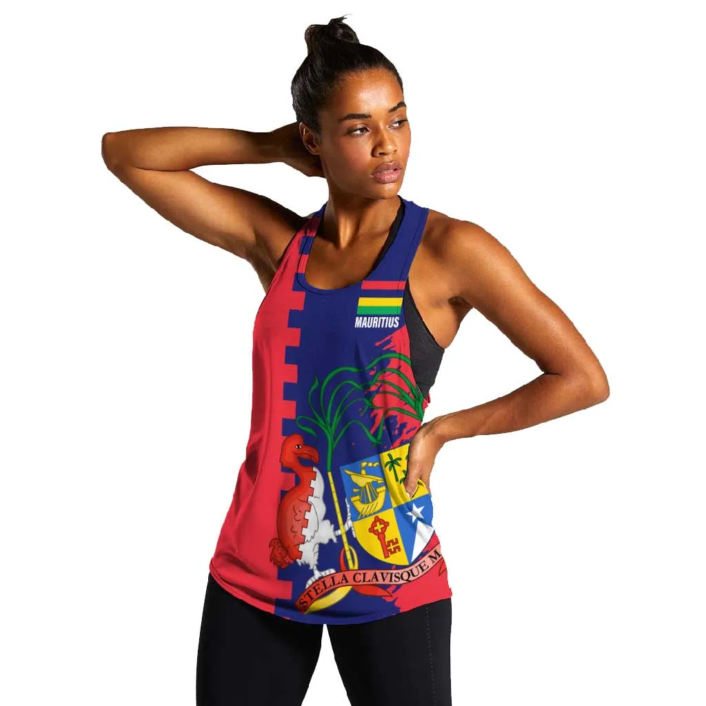 Afro Mauritius Women Racerback Tank Map Design with Flag Coat of Arms TS04