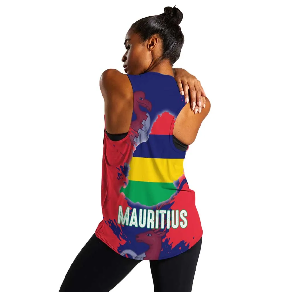 Afro Mauritius Women Racerback Tank Map Design with Flag Coat of Arms TS04
