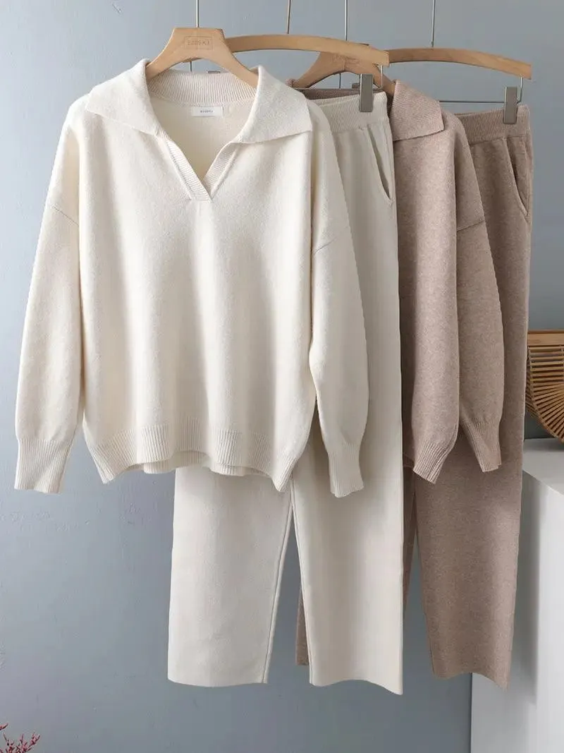 Alyssa- Trendy Polo Neck Sweater Women's Tracksuit Set