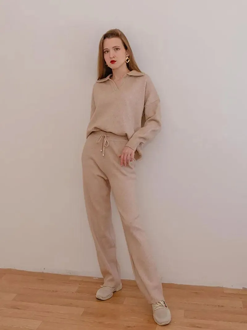 Alyssa- Trendy Polo Neck Sweater Women's Tracksuit Set
