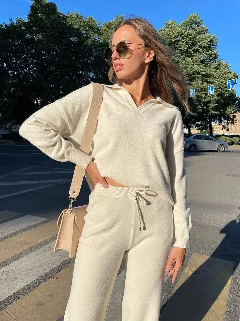Alyssa- Trendy Polo Neck Sweater Women's Tracksuit Set