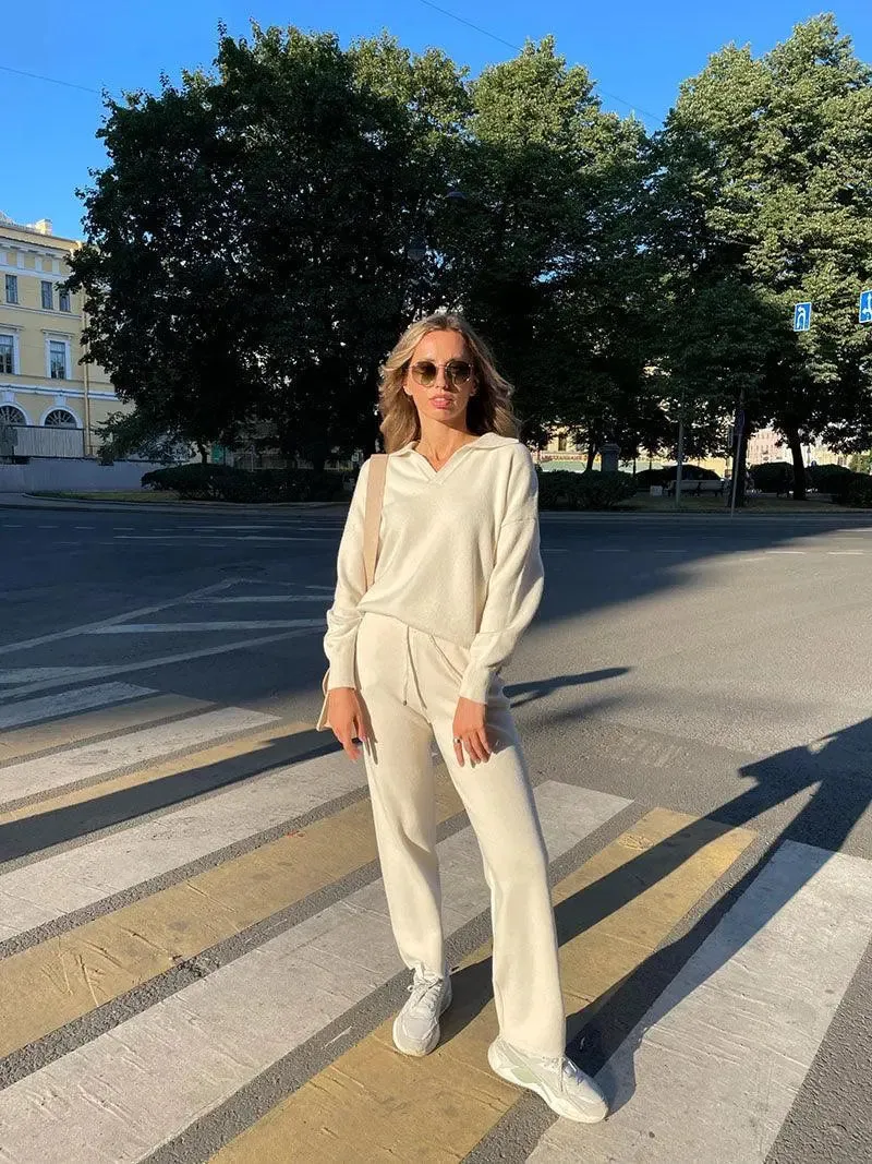 Alyssa- Trendy Polo Neck Sweater Women's Tracksuit Set