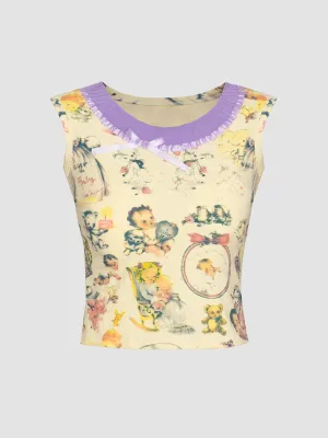 Angel Print Ruffle Tank Crop Top