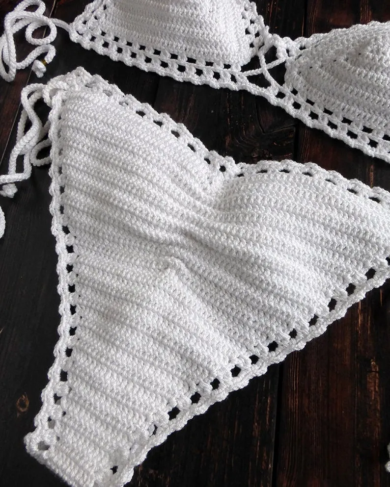 Annato Beaded White Crochet Bikini Set With Brazilian Scrunch Bottoms