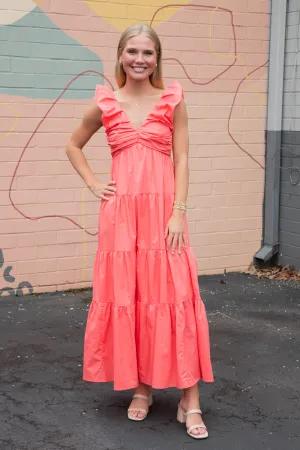 Annie V-Neck Poplin Maxi Dress, Coral