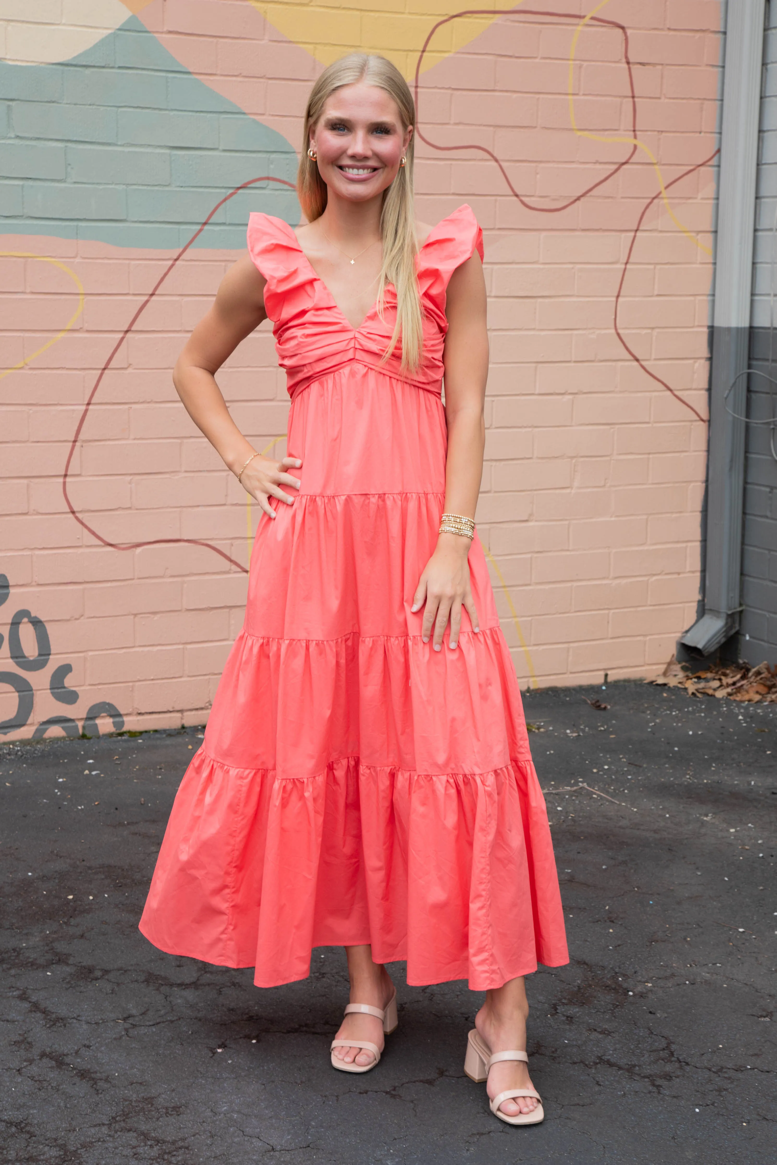 Annie V-Neck Poplin Maxi Dress, Coral