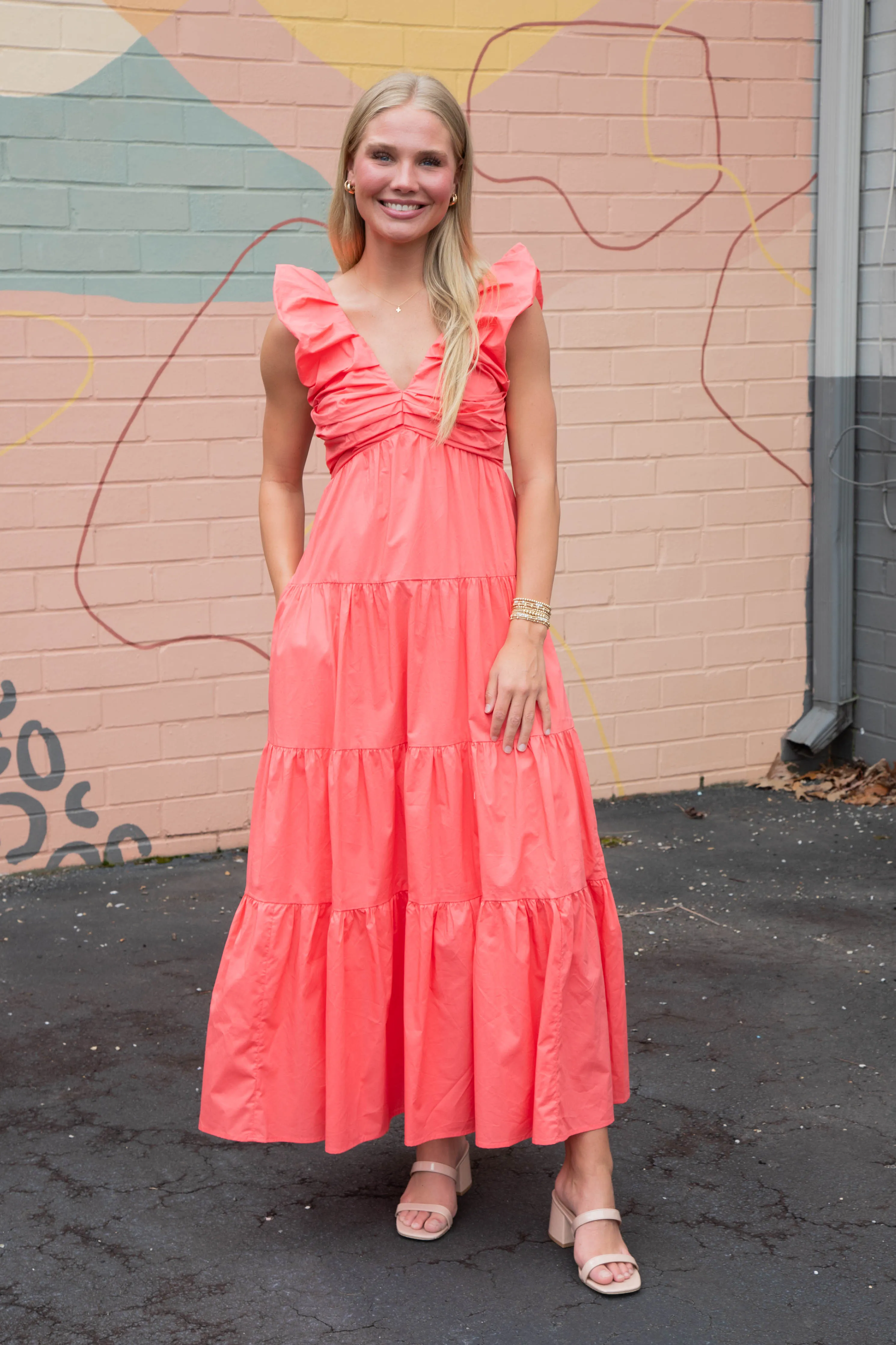 Annie V-Neck Poplin Maxi Dress, Coral