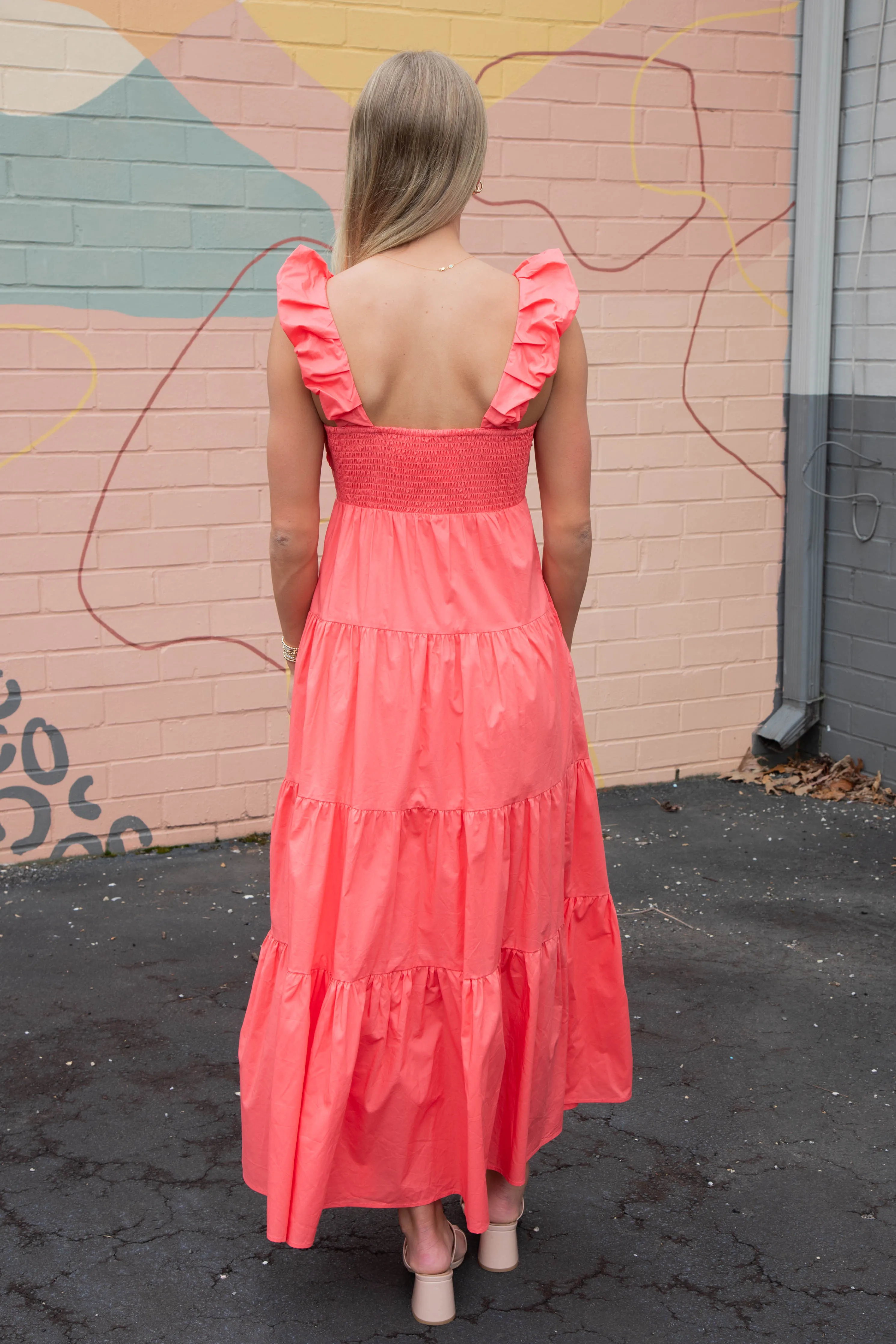 Annie V-Neck Poplin Maxi Dress, Coral