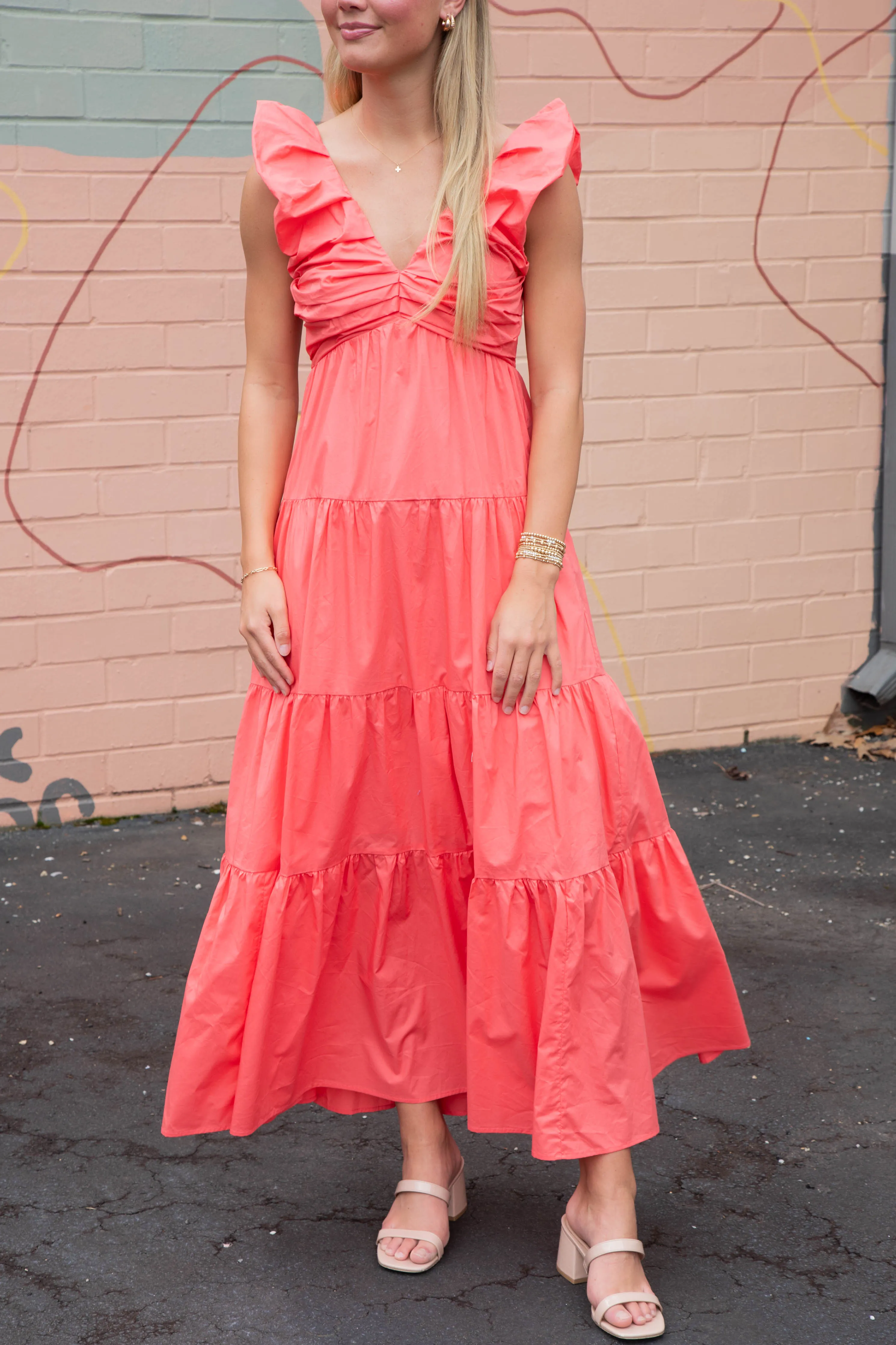 Annie V-Neck Poplin Maxi Dress, Coral