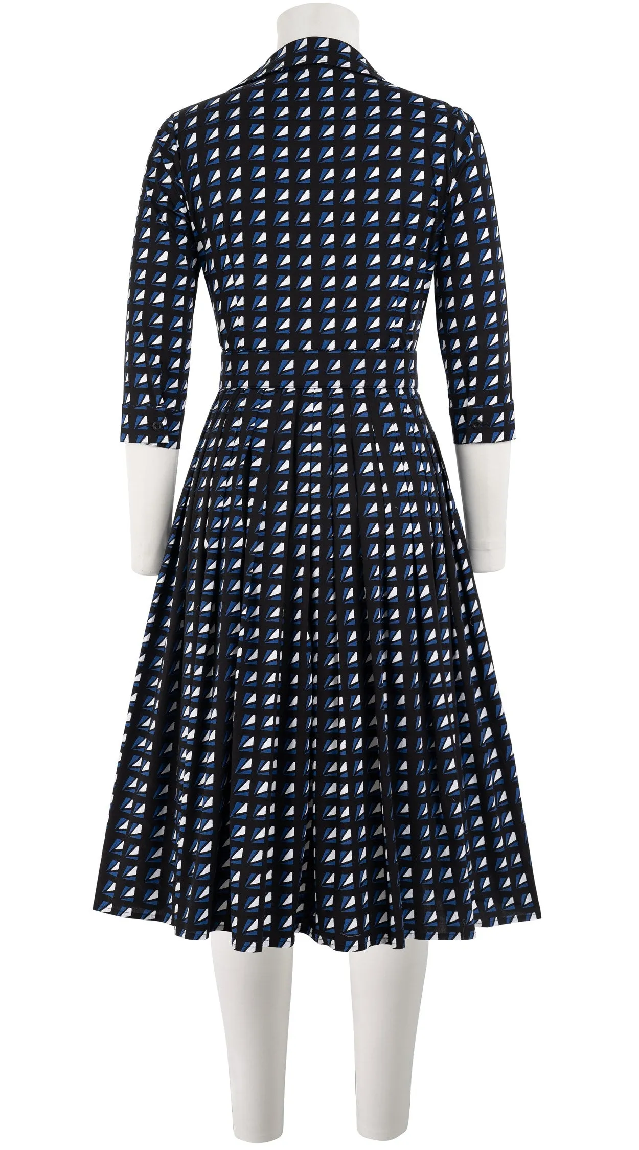Audrey Dress #2 Shirt Collar 3/4 Sleeve Long Length Cotton Poplin (Kuba Triangle Black)