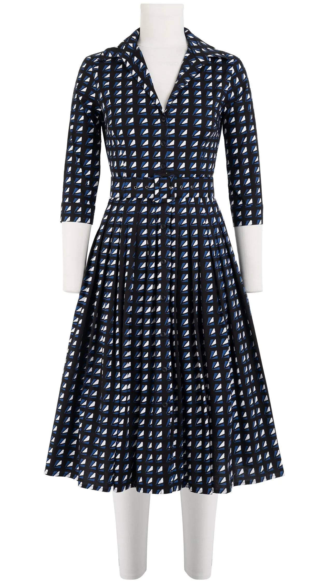 Audrey Dress #2 Shirt Collar 3/4 Sleeve Long Length Cotton Poplin (Kuba Triangle Black)