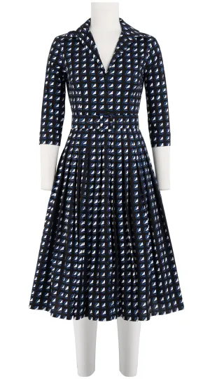 Audrey Dress #2 Shirt Collar 3/4 Sleeve Long Length Cotton Poplin (Kuba Triangle Black)