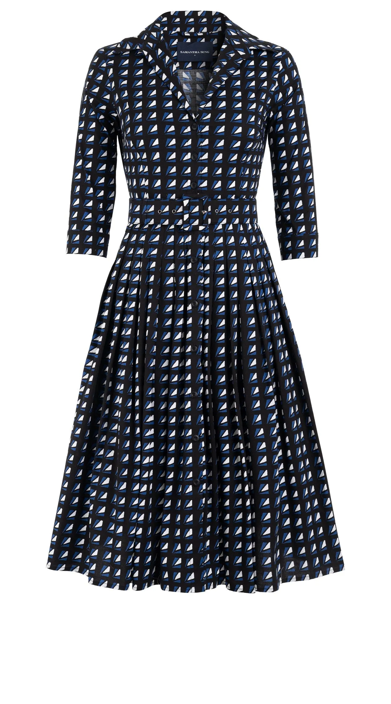 Audrey Dress #2 Shirt Collar 3/4 Sleeve Long Length Cotton Poplin (Kuba Triangle Black)
