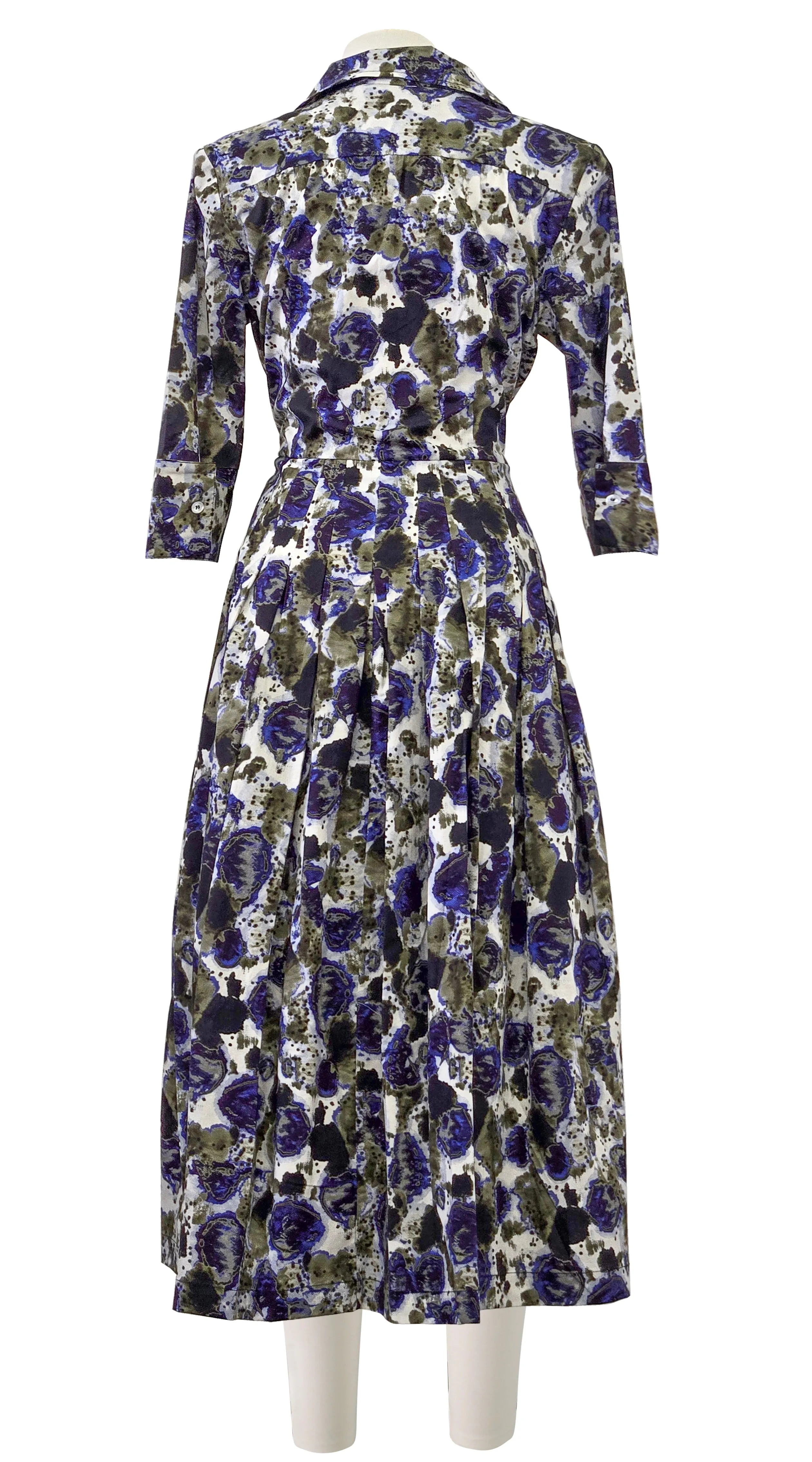 Audrey Dress #2 Shirt Collar 3/4 Sleeve Midi Length Poplin Stretch (Animal Dots)