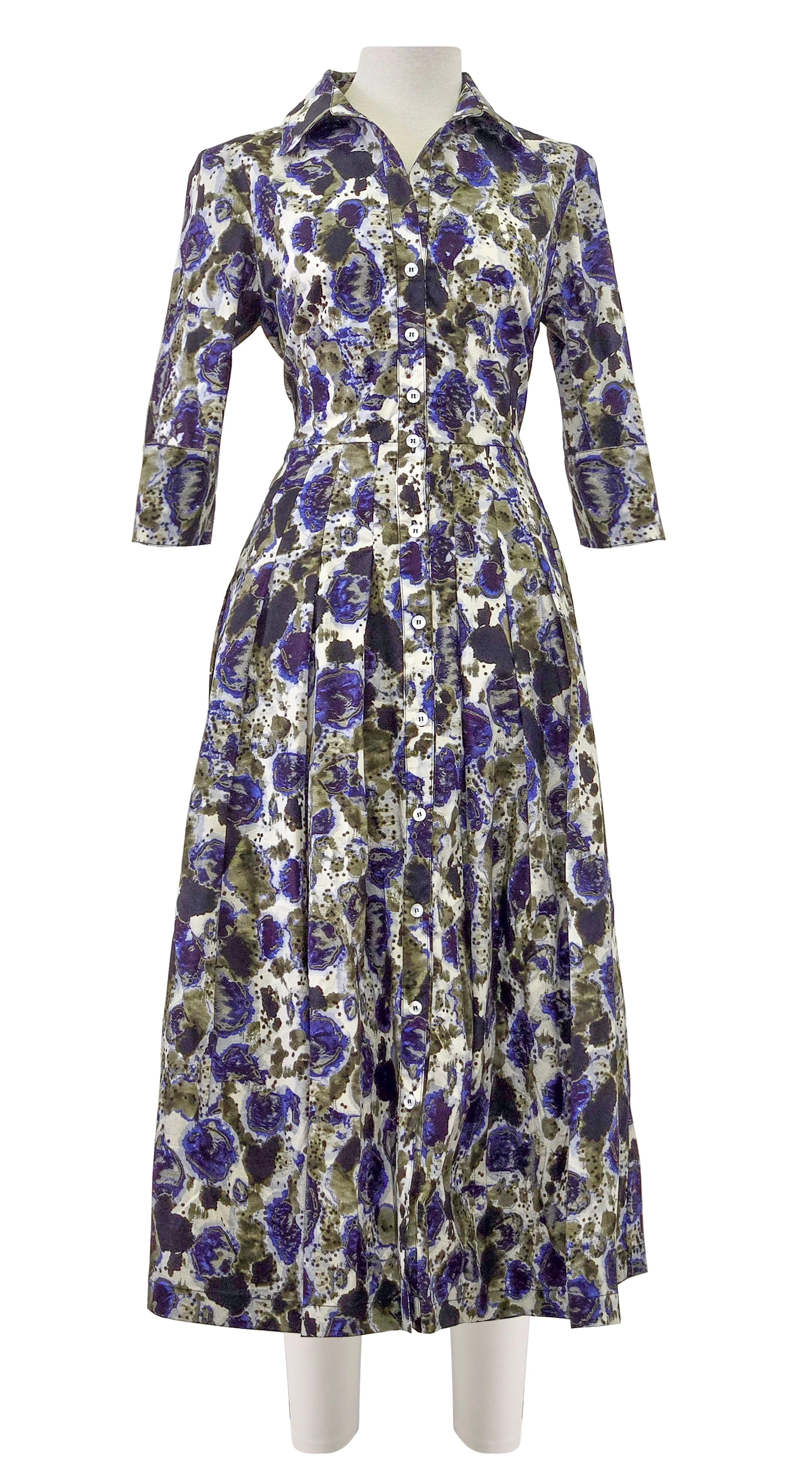 Audrey Dress #2 Shirt Collar 3/4 Sleeve Midi Length Poplin Stretch (Animal Dots)