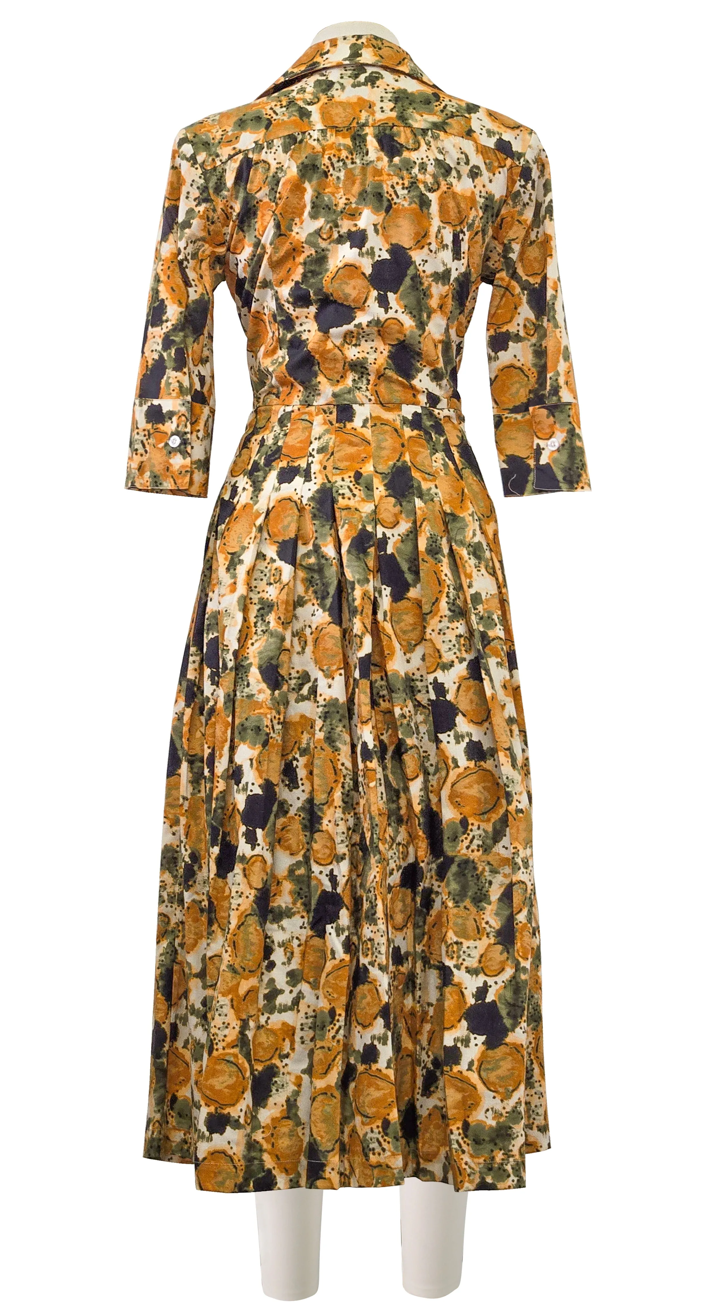 Audrey Dress #2 Shirt Collar 3/4 Sleeve Midi Length Poplin Stretch (Animal Dots)