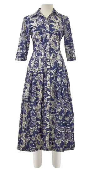 Audrey Dress #2 Shirt Collar 3/4 Sleeve Midi Length Poplin Stretch (Botanic Antique Dark)