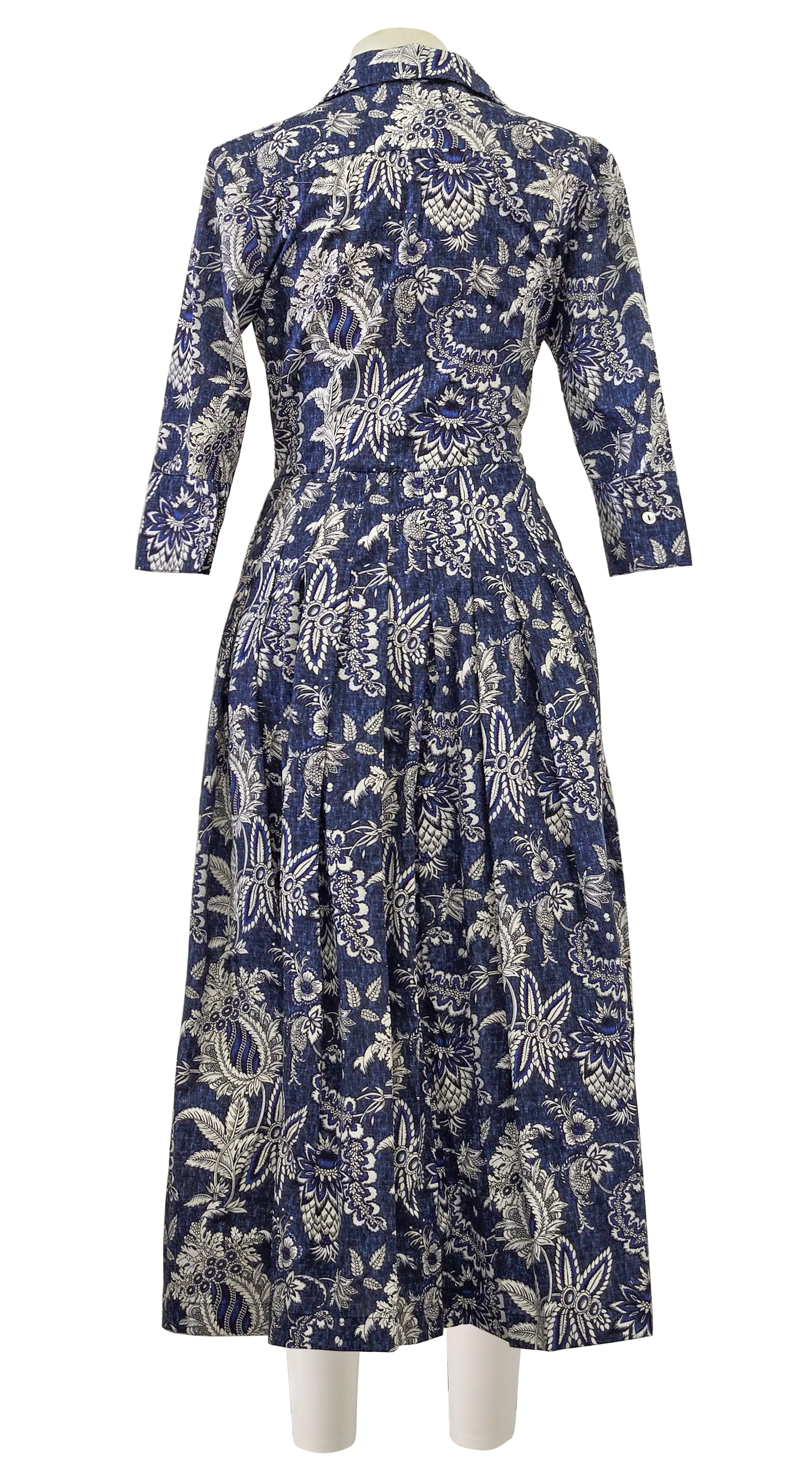 Audrey Dress #2 Shirt Collar 3/4 Sleeve Midi Length Poplin Stretch (Botanic Antique Dark)