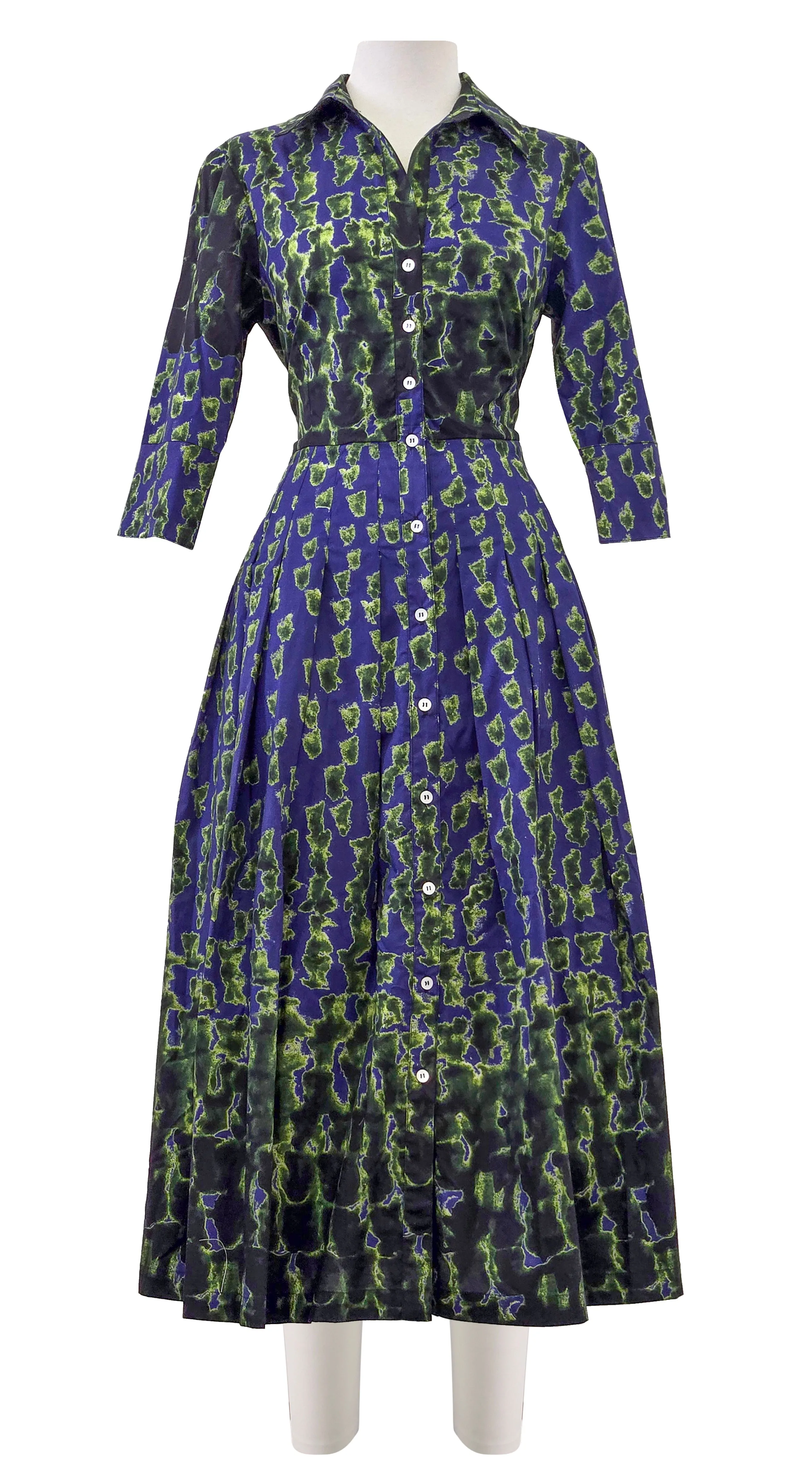 Audrey Dress #2 Shirt Collar 3/4 Sleeve Midi Length Poplin Stretch (Brush Degrade Multi)
