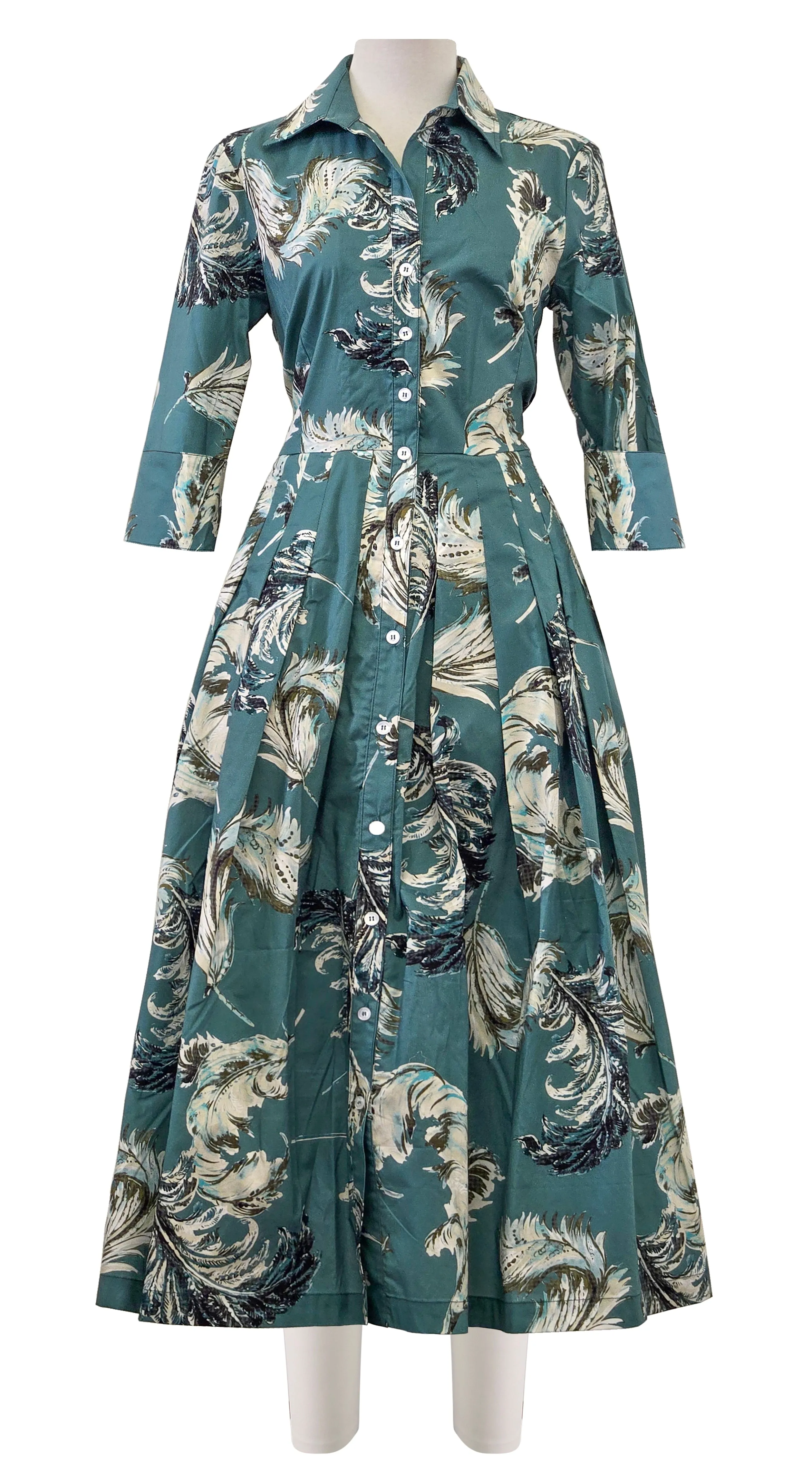 Audrey Dress #2 Shirt Collar 3/4 Sleeve Midi Length Poplin Stretch (Feather Lightness Dark)