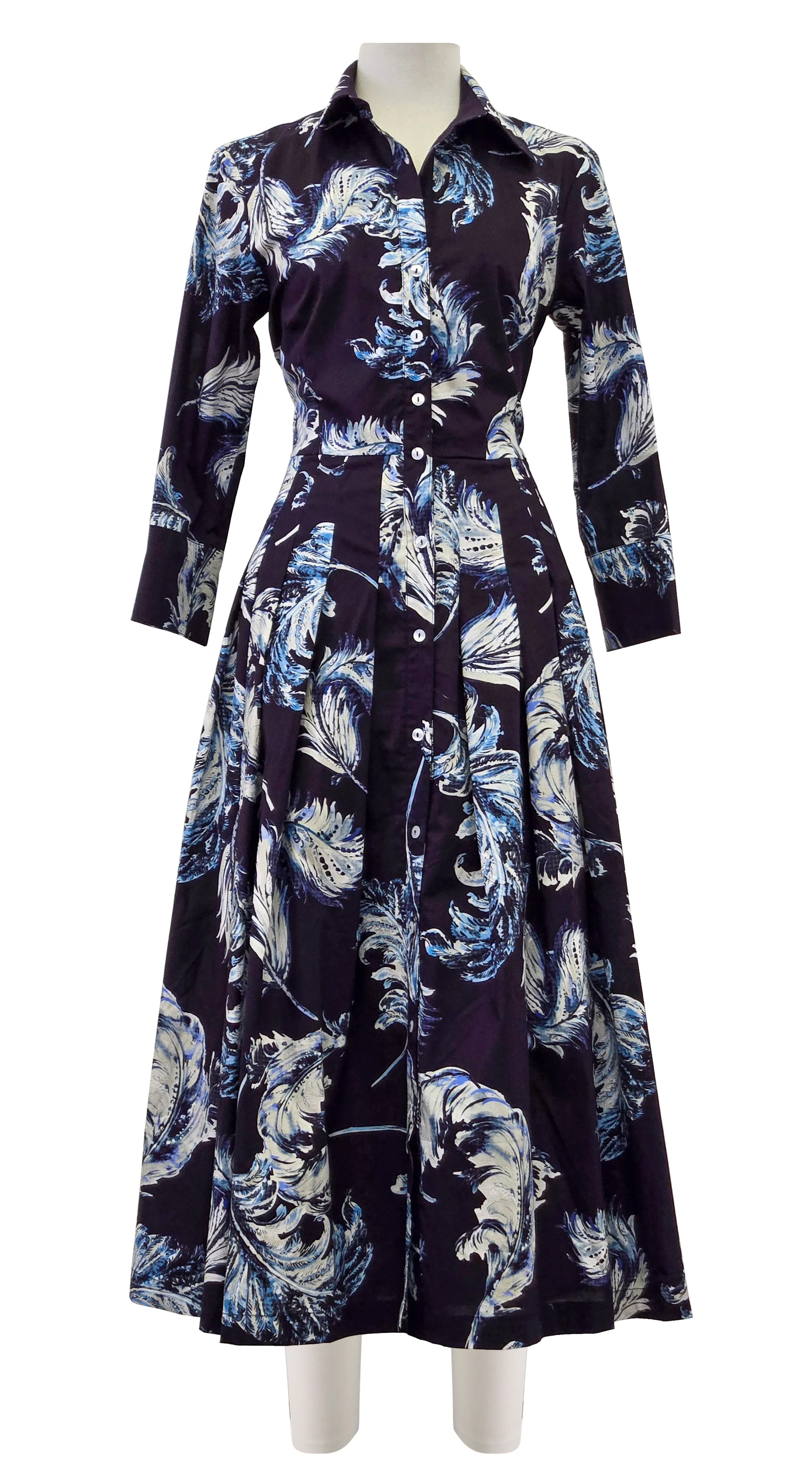 Audrey Dress #2 Shirt Collar 3/4 Sleeve Midi Length Poplin Stretch (Feather Lightness Dark)