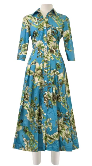 Audrey Dress #2 Shirt Collar 3/4 Sleeve Midi Length Poplin Stretch (Flower Luxembrug Ivory)