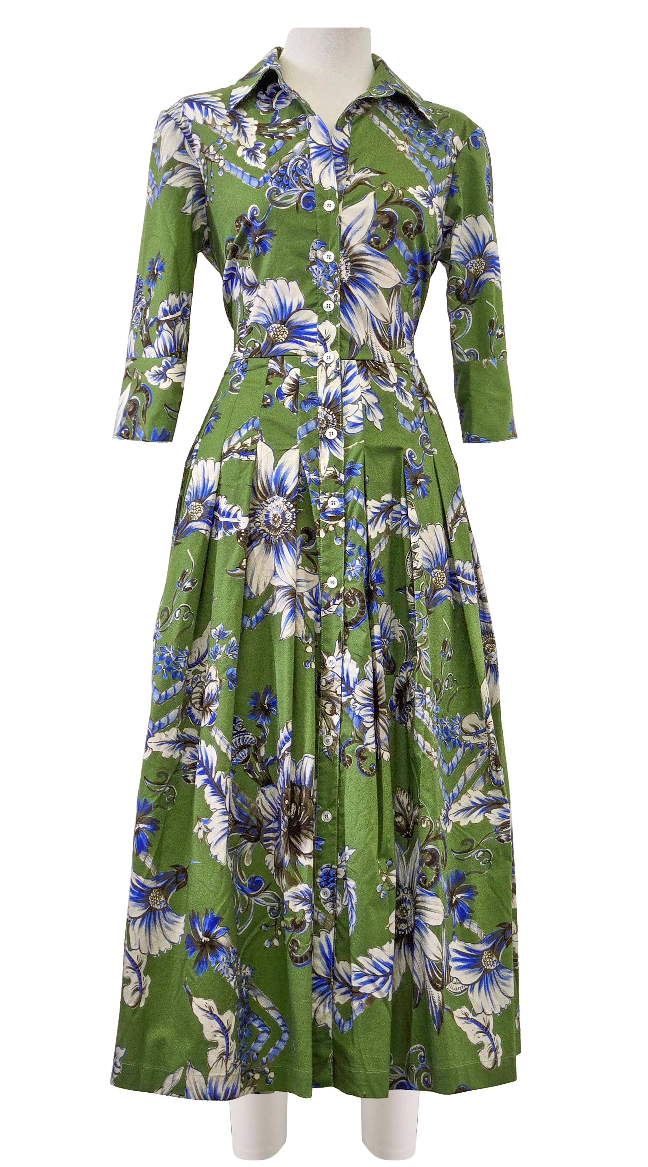 Audrey Dress #2 Shirt Collar 3/4 Sleeve Midi Length Poplin Stretch (Flower Luxembrug Ivory)