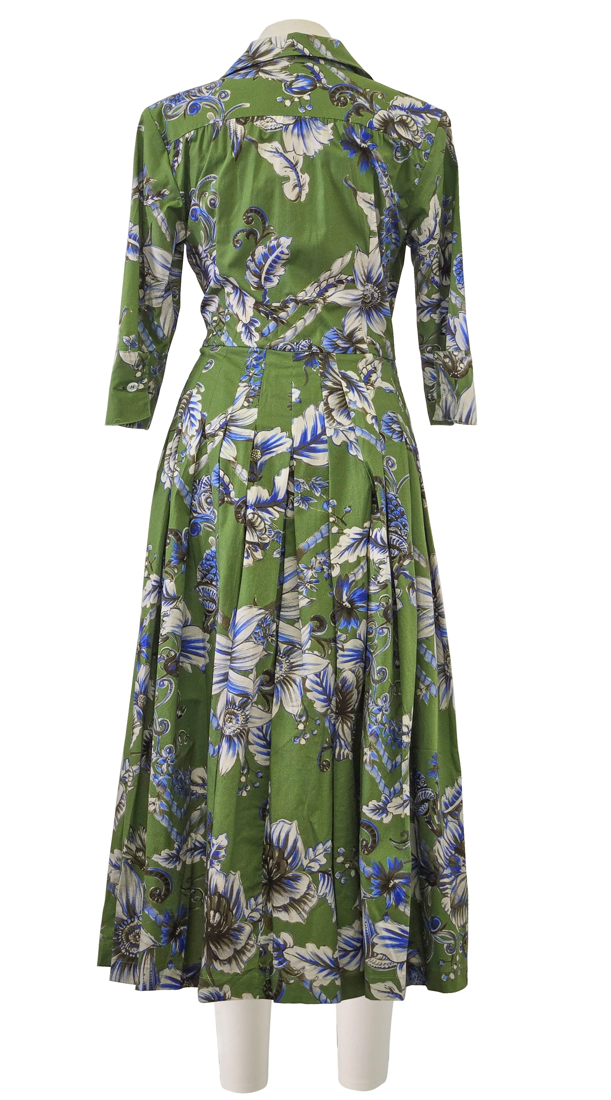 Audrey Dress #2 Shirt Collar 3/4 Sleeve Midi Length Poplin Stretch (Flower Luxembrug Ivory)