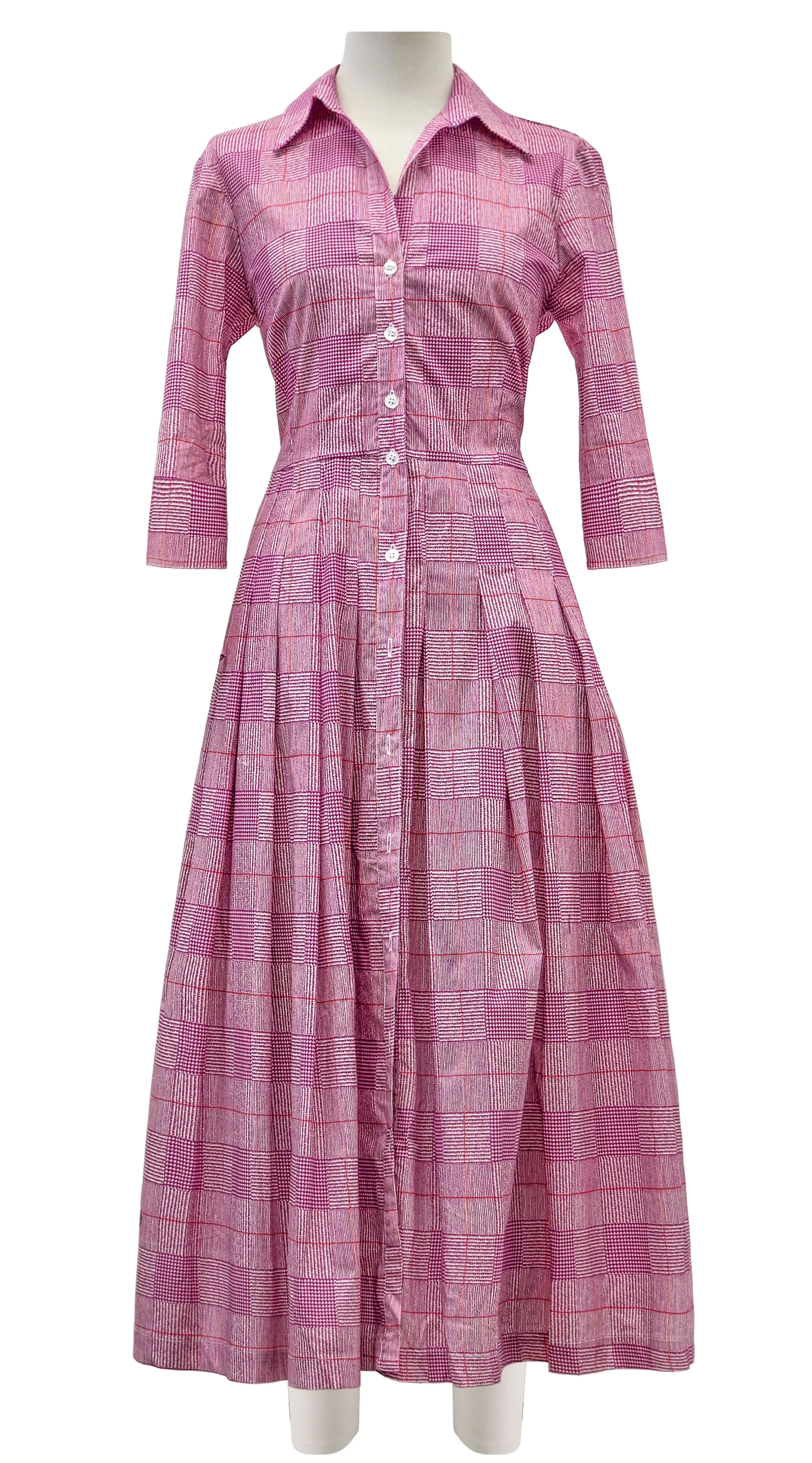 Audrey Dress #2 Shirt Collar 3/4 Sleeve Midi Length Poplin Stretch (Savile Row Check Ivory)