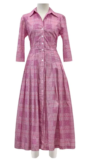 Audrey Dress #2 Shirt Collar 3/4 Sleeve Midi Length Poplin Stretch (Savile Row Check Ivory)