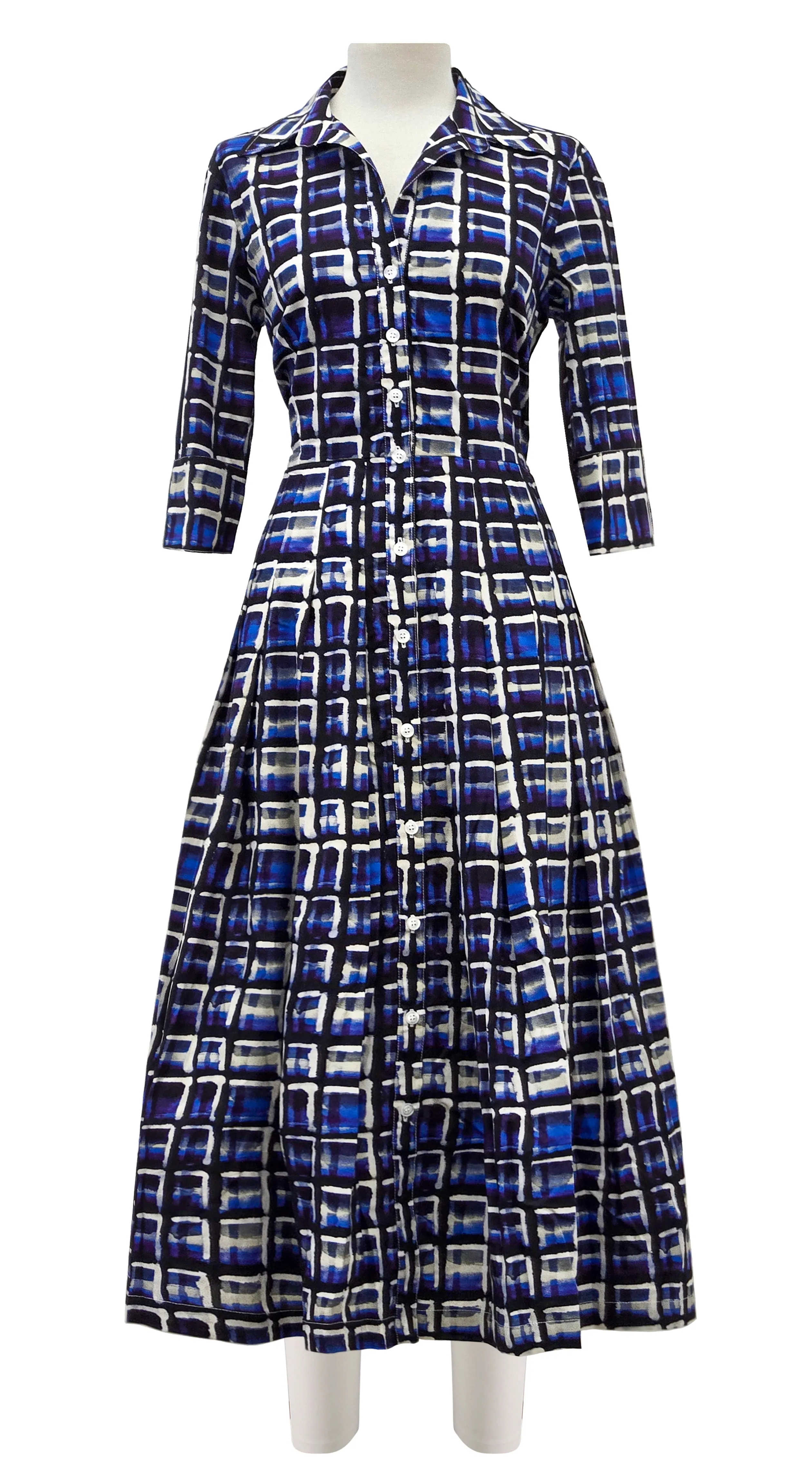 Audrey Dress #2 Shirt Collar 3/4 Sleeve Midi Length Poplin Stretch (Watercolor Check)
