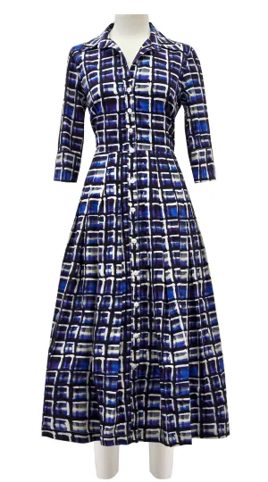 Audrey Dress #2 Shirt Collar 3/4 Sleeve Midi Length Poplin Stretch (Watercolor Check)