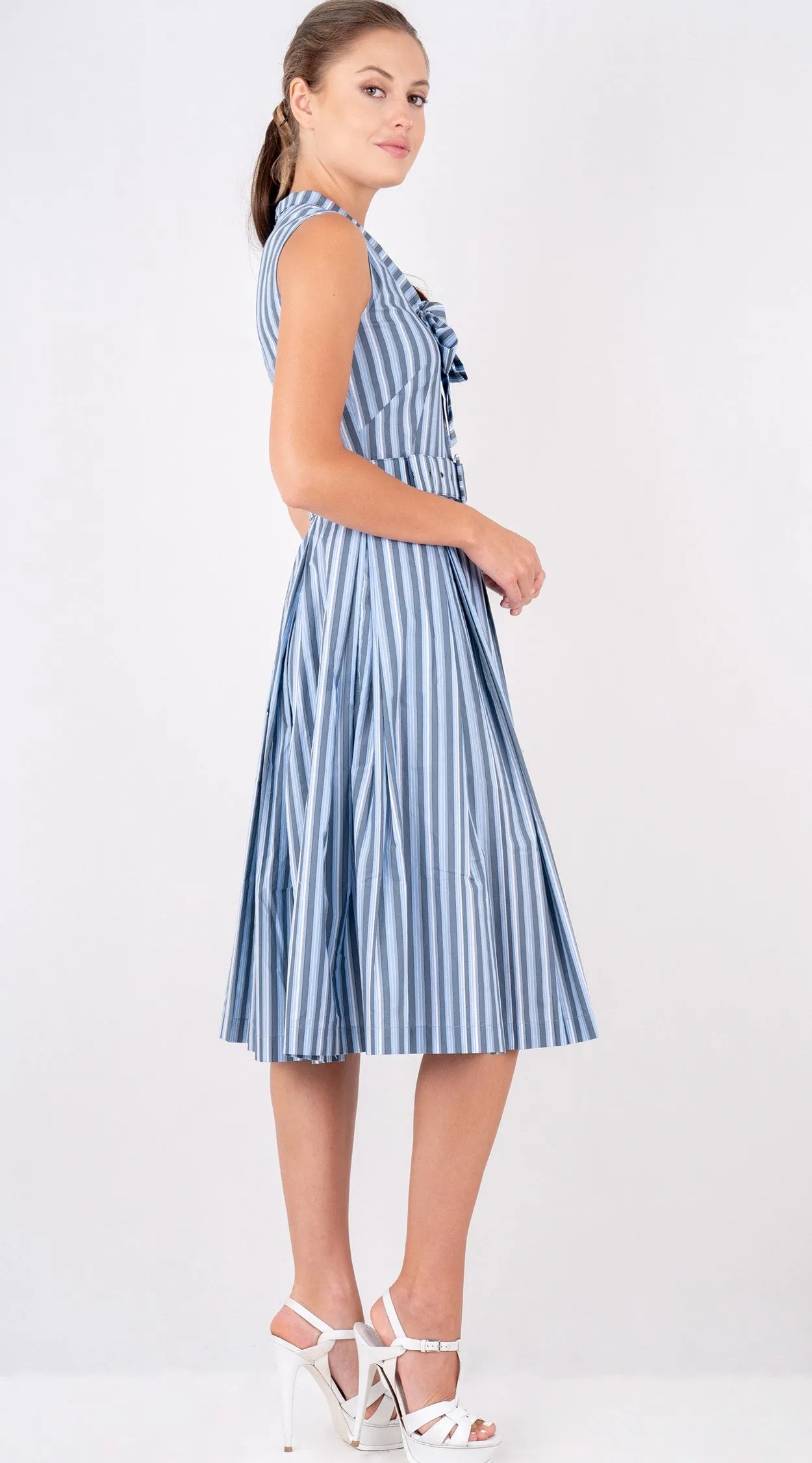 Audrey Dress #7 Tie Neck Sleeveless Long Length Poplin (Vintage Stripe)