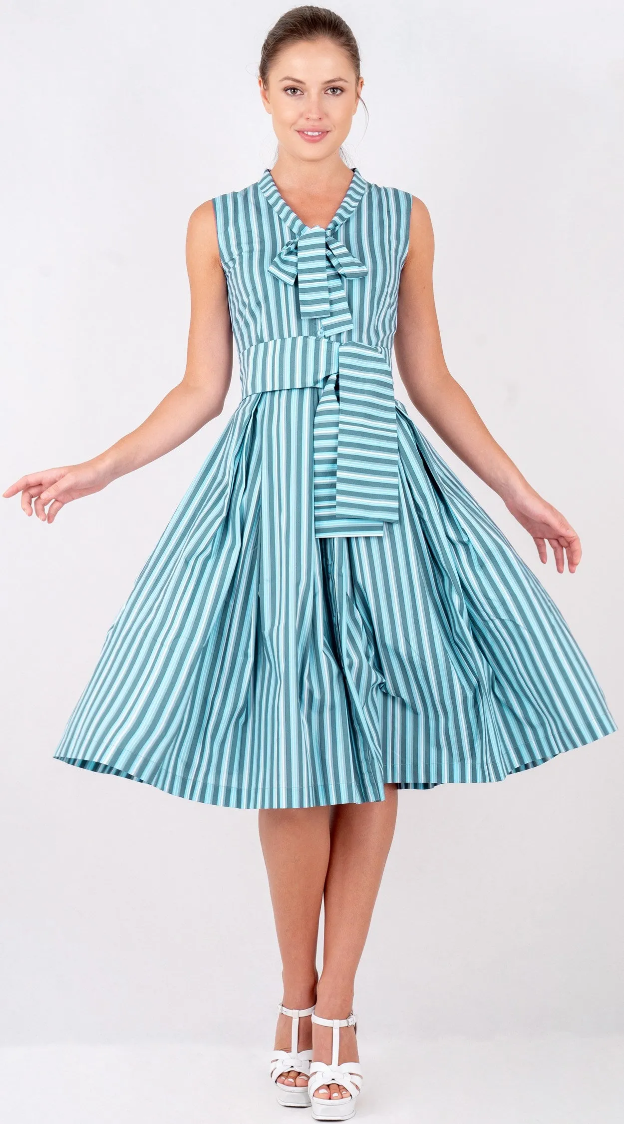 Audrey Dress #7 Tie Neck Sleeveless Long Length Poplin (Vintage Stripe)
