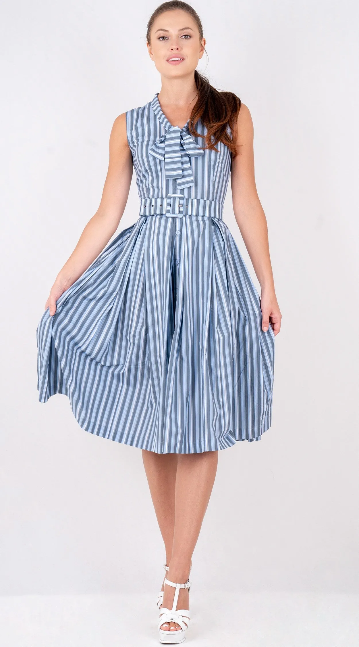 Audrey Dress #7 Tie Neck Sleeveless Long Length Poplin (Vintage Stripe)