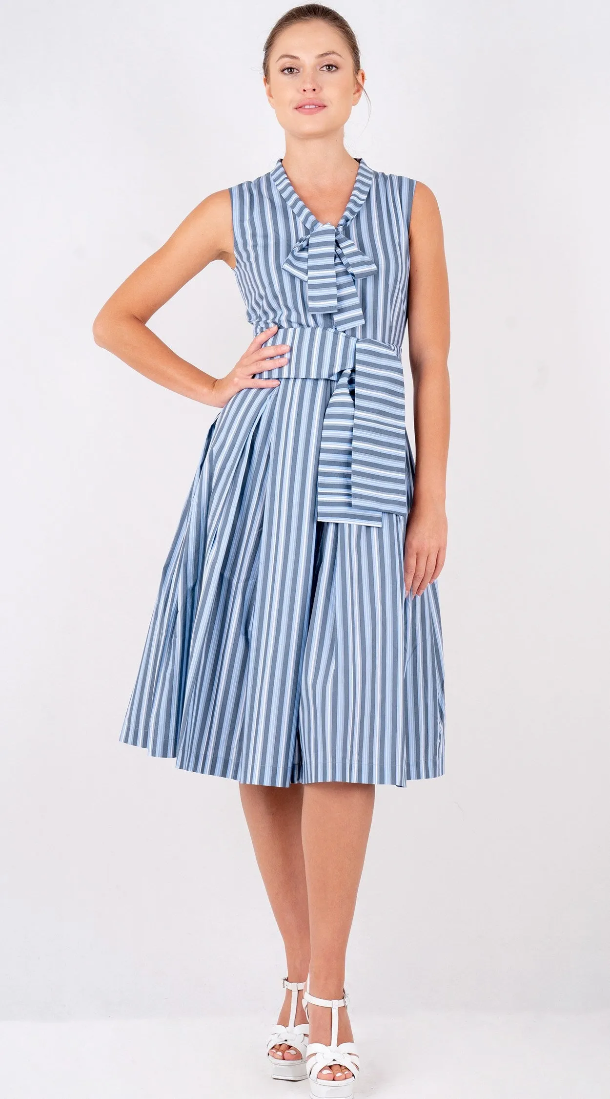 Audrey Dress #7 Tie Neck Sleeveless Long Length Poplin (Vintage Stripe)